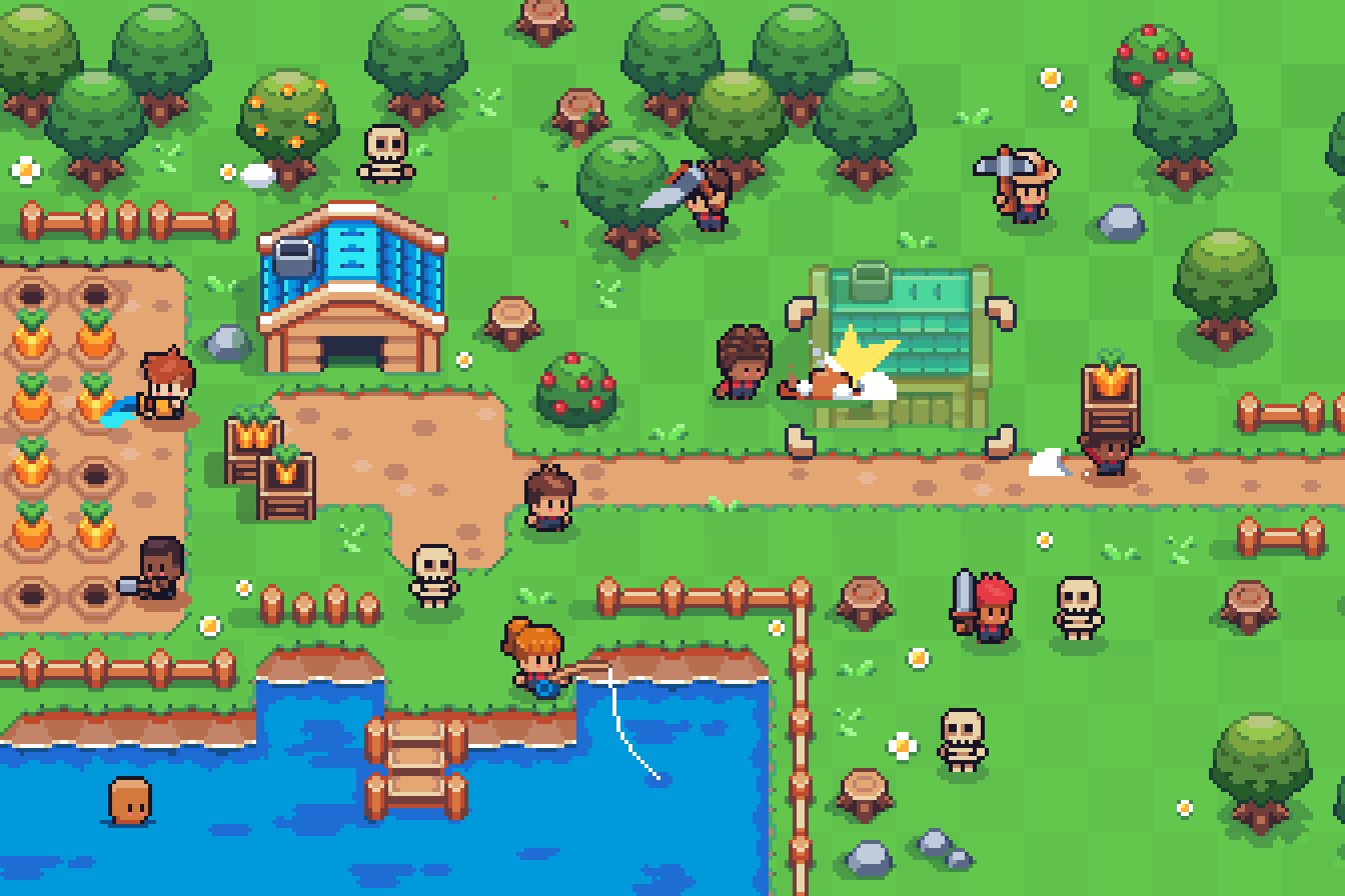 Larvy gameplay — chopping, mining, fishing, farming